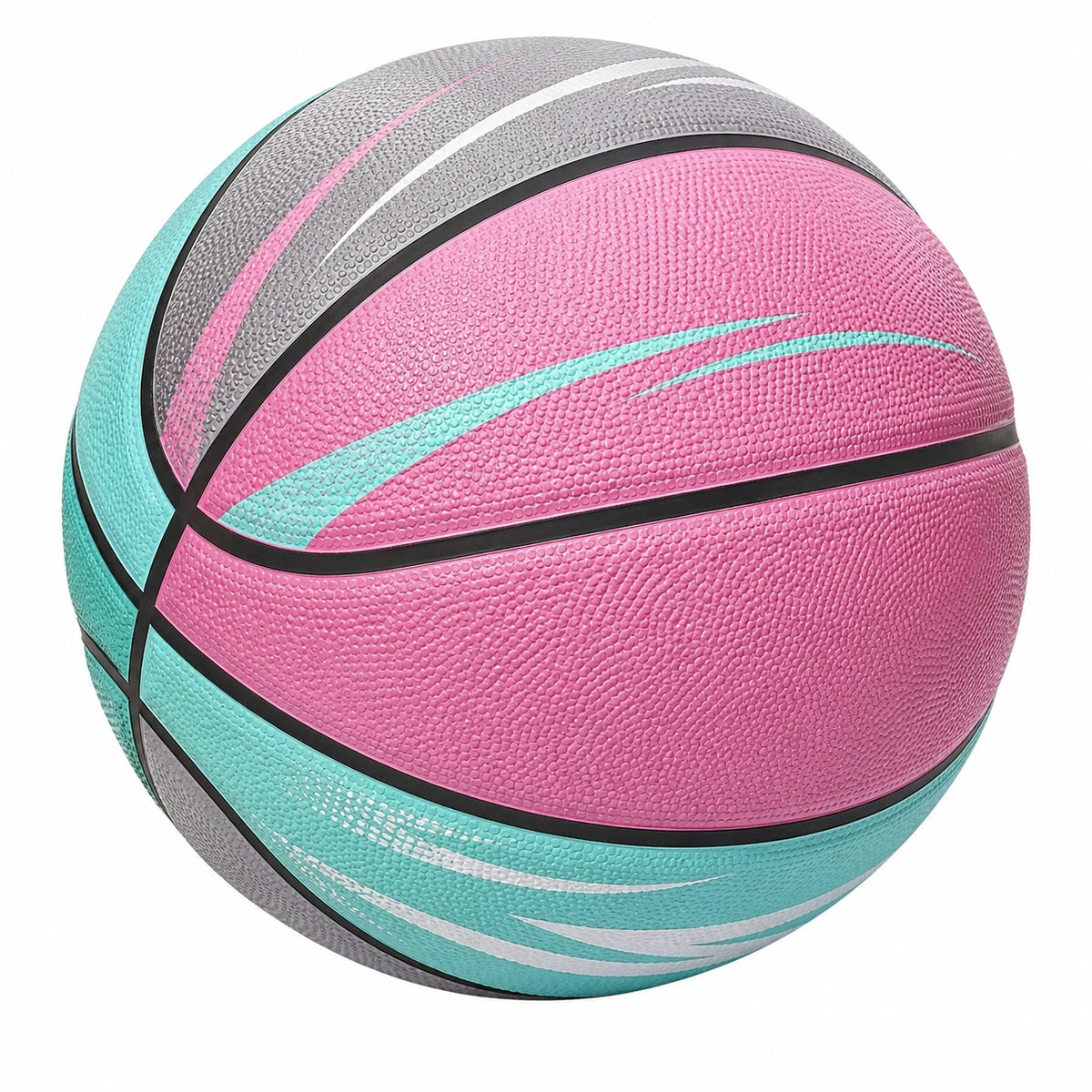 Balón de baloncesto colorido rosa, azul y gris, ideal para juegos y entrenamientos