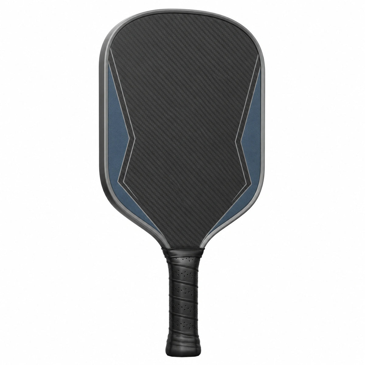 Pala de pickleball profesional negra y azul con mango ergonómico