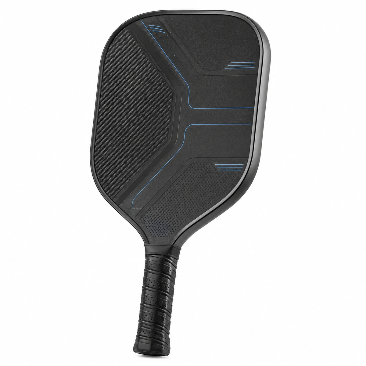 Pala de pickleball negra con detalles azules